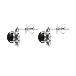 Sterling Silver Whitby Jet Pearl Marcasite Oval Beaded Edge Stud Earrings E1694