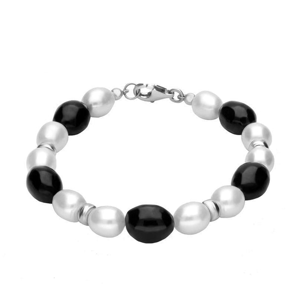 Sterling Silver Whitby Jet Pearl Oval Bead Bracelet. B865.