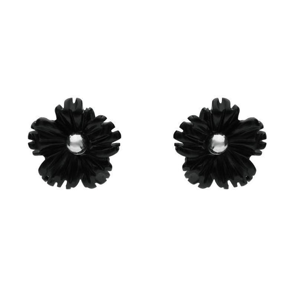 Sterling Silver Whitby Jet Tiny Petal Stud Earrings. E1329.