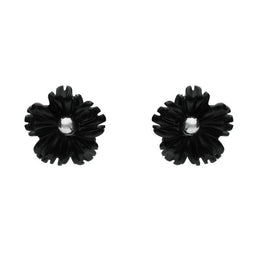 Sterling Silver Whitby Jet Tiny Petal Stud Earrings. E1329.