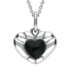 Sterling Silver Whitby Jet Ridged Heart Necklace, P2539.