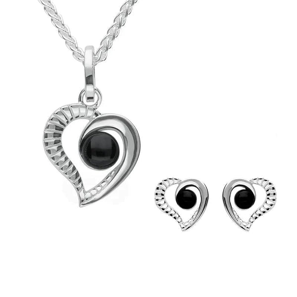 Sterling Silver Whitby Jet Ridged Heart Two Piece Set. S021