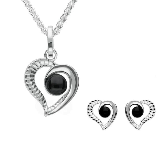 Sterling Silver Whitby Jet Ridged Heart Two Piece Set. S021