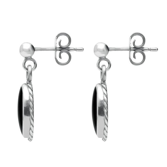 Sterling Silver Whitby Jet Rope Edge Oval Drop Earrings. E010. 