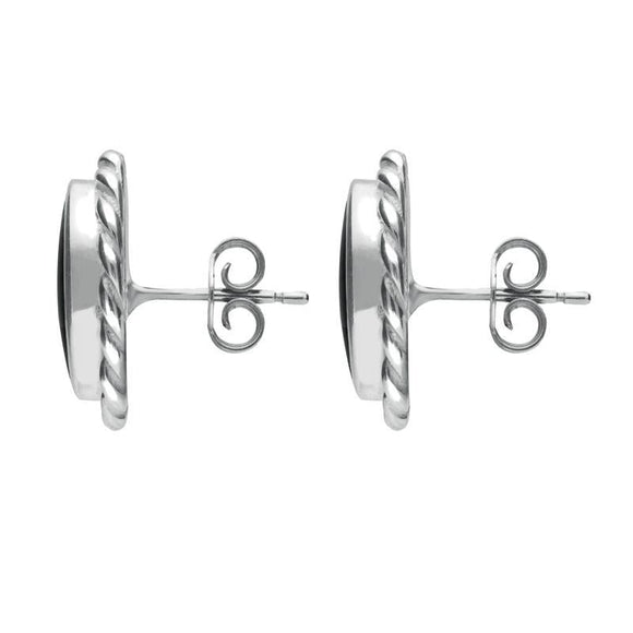 Sterling Silver Whitby Jet Rope Edge Oval Stud Earrings. E289.