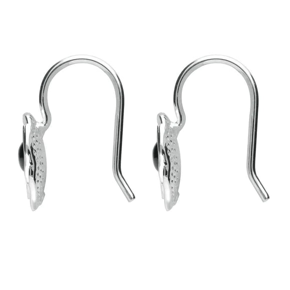 Sterling Silver Whitby Jet Rose Hook Earrings. E1916.
