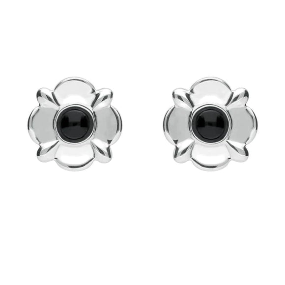 Sterling Silver Whitby Jet Round Four Petal Flower Two Piece Set. S028