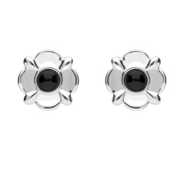 Sterling Silver Whitby Jet Round Four Petal Flower Two Piece Set. S028