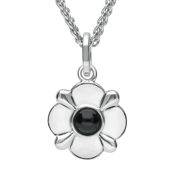 Sterling Silver Whitby Jet Round Four Petal Flower Two Piece Set. S028