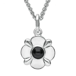 Sterling Silver Whitby Jet Round Four Petal Flower Two Piece Set. S028