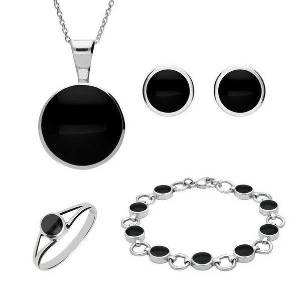Sterling Silver Whitby Jet Round Four Piece Set. S005