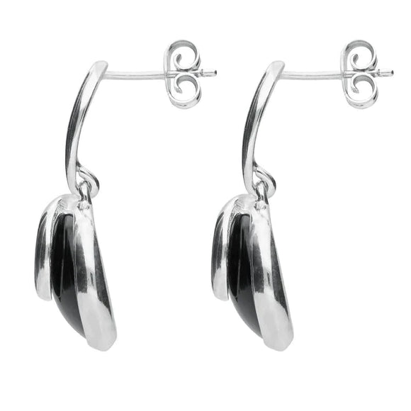 Sterling Silver Whitby Jet Round Swirl Drop Earrings. E2131.
