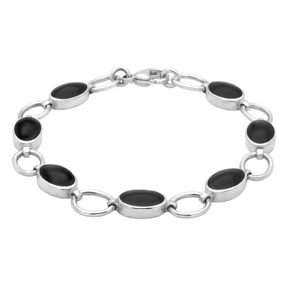 Sterling Silver Whitby Jet Seven Oval Stone Bracelet B185