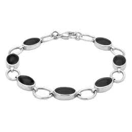Sterling Silver Whitby Jet Seven Oval Stone Bracelet B185