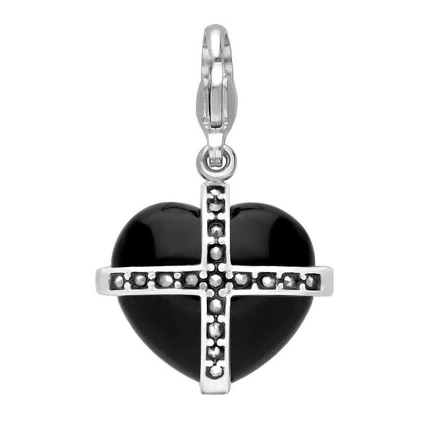 Sterling Silver Whitby Jet Seventeen Marcasite Medium Cross Heart Charm G784