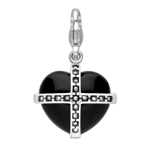 Sterling Silver Whitby Jet Seventeen Marcasite Medium Cross Heart Charm G784