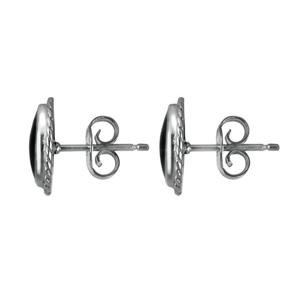 Sterling Silver Whitby Jet Small Oval Rope Edge Stud Earrings. E137.