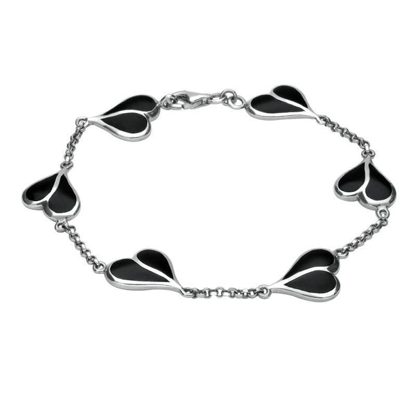 Sterling Silver Whitby Jet Split Heart Bracelet. B360.