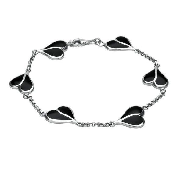 Sterling Silver Whitby Jet Split Heart Bracelet. B360.