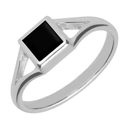 Sterling Silver Whitby Jet Square Split Shoulder Ring. R063.