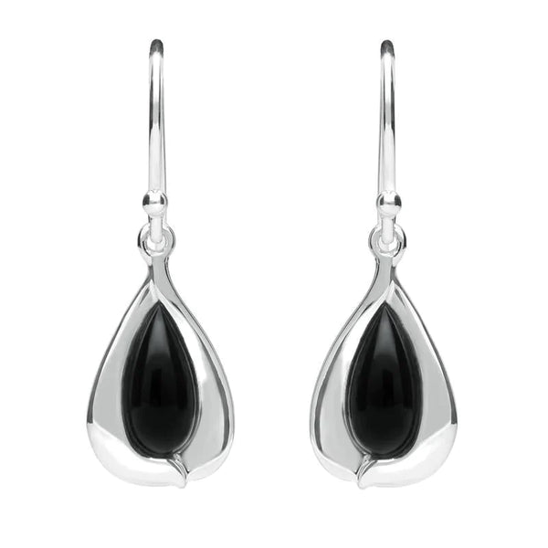 Sterling Silver Whitby Jet Wide Edge Pear Hook Earrings E2312