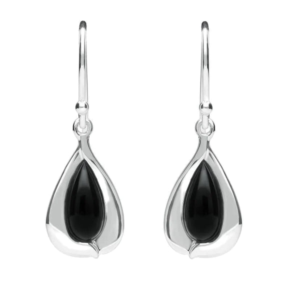 Sterling Silver Whitby Jet Wide Edge Pear Hook Earrings E2312