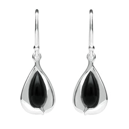 Sterling Silver Whitby Jet Wide Edge Pear Hook Earrings E2312