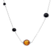 Sterling Silver Whitby Jet and Amber Round Stone Necklace. N986