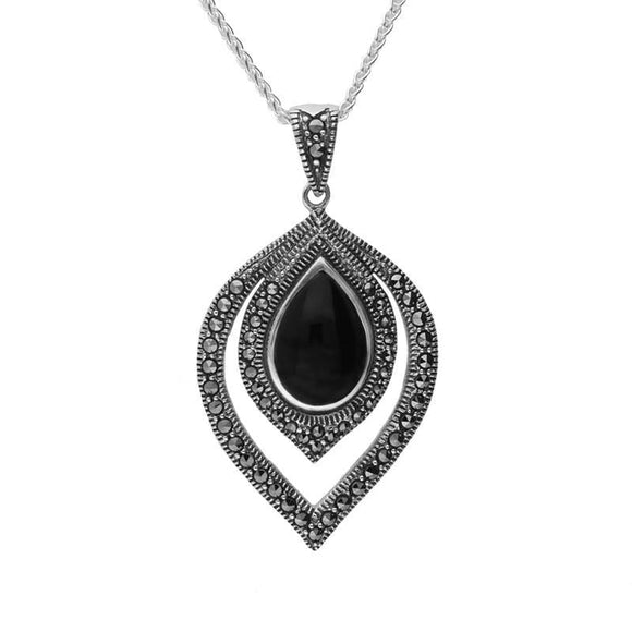 Sterling Silver Whitby Jet and Marcasite Fancy Pear Drop Two Piece Set