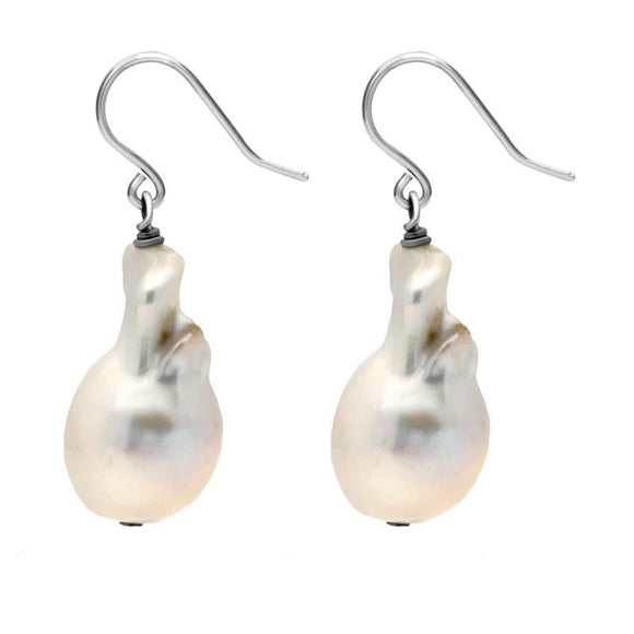 Sterling Silver White Baroque Pearl Hook Drop Earrings. E866.
