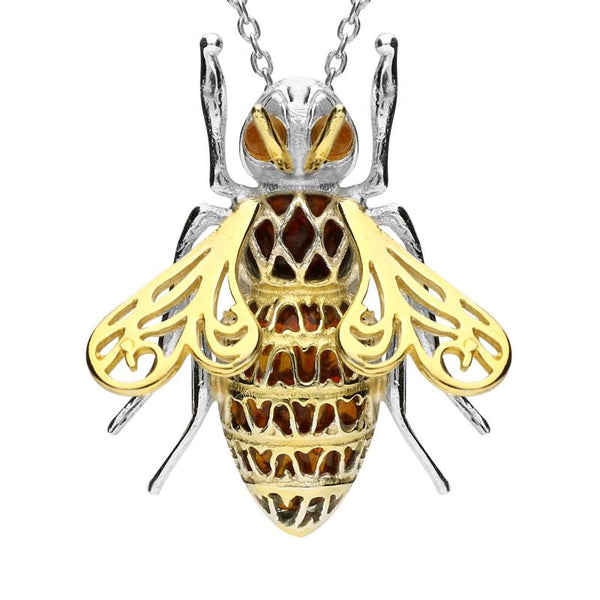 Sterling Silver Yellow Gold Vermeil Amber Honey Bee Necklace P3163