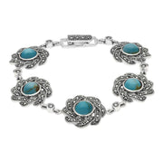 Turquoise Bracelet Flower Link Marcasite Silver B879