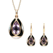 C W Sellors 18ct Rose Gold Whitby Jet Diamond Amethyst Pear Two Piece Set