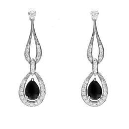 18ct White Gold Whitby Jet Diamond Loop Drop Earrings, E1674. 