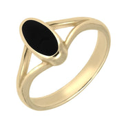 00003672 C W Sellors 9ct Yellow Gold Whitby Jet Oval Split Shank Ring. R114.