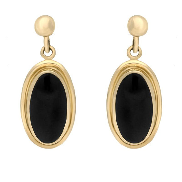 00071765 C W Sellors 9ct Yellow Gold Whitby Jet Ribbed Oval Drop Earrings, E205.