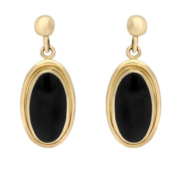 00071765 C W Sellors 9ct Yellow Gold Whitby Jet Ribbed Oval Drop Earrings, E205.