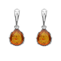 00121860 C W Sellors Silver And Amber Pierced Side Pear Drop Earrings. E2054