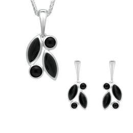 Sterling Silver Whitby Jet Four Stone Leaf Drop Two Piece Set S047