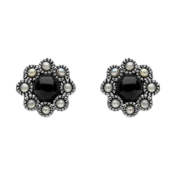 Sterling Silver Whitby Jet Pearl Round Bead Edge Two Piece Set