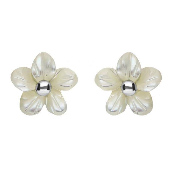 00126556 C W Sellors Sterling Silver White Mother of Pearl Tuberose Pansy Stud Earrings, E2152.