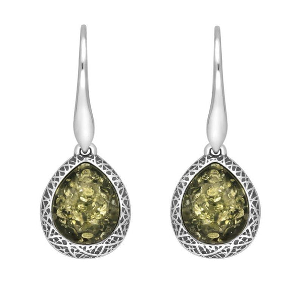 Sterling Silver Green Amber Basket Weave Edge Pear Hook Earrings E2501_G