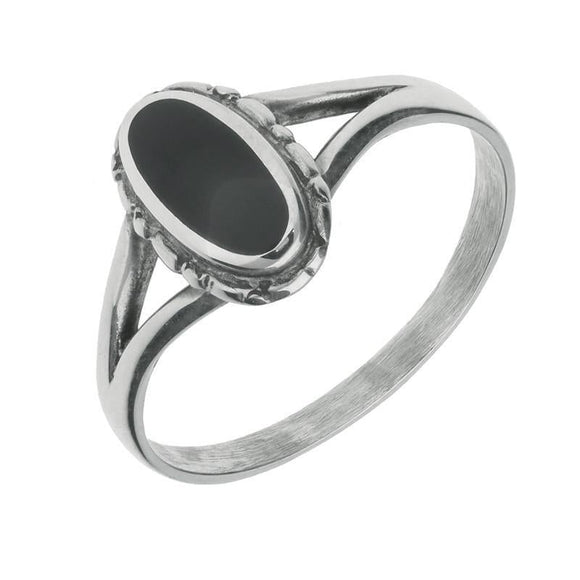 Whitby Jet Ring Oval Split Shoulder Silver R116
