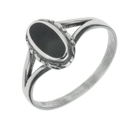 Whitby Jet Ring Oval Split Shoulder Silver R116