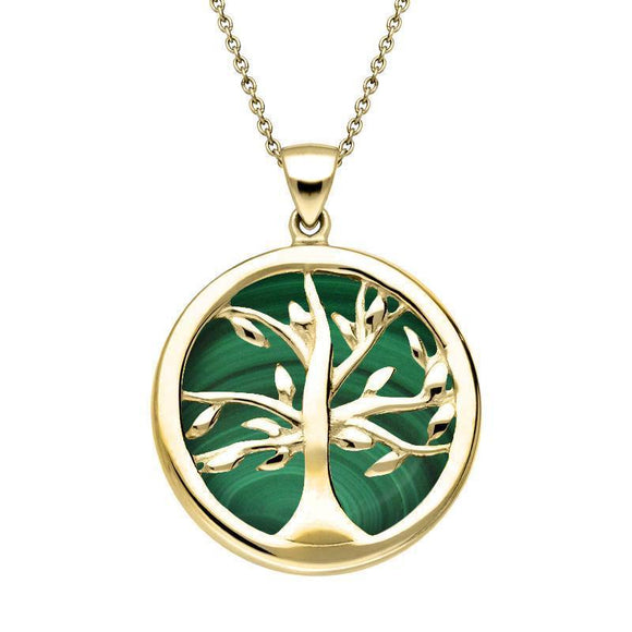 Yellow Gold Malachite Medium Round Tree of Life Necklace, P3441