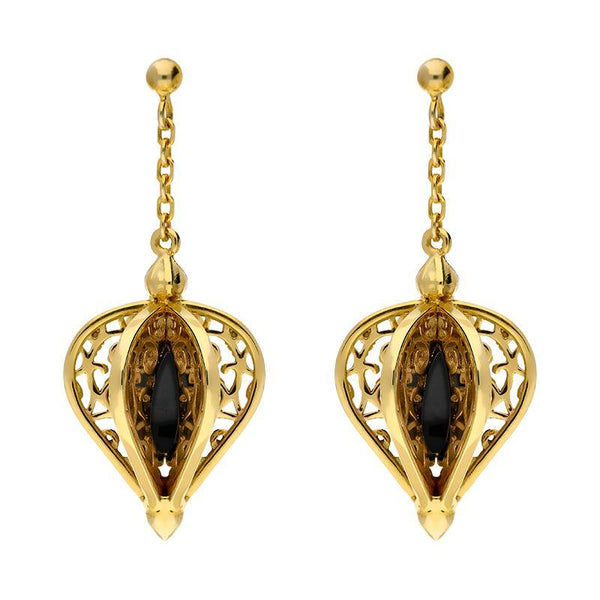 Yellow Gold Vermeil Whitby Jet Flore Filigree Drop Earrings E1781