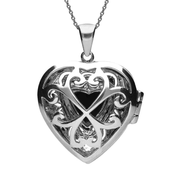 Silver Whitby Jet Marcasite Large Heart Locket Necklace back