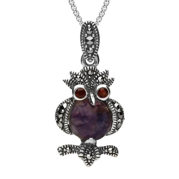 Sterling Silver Blue John Marcasite Garnet Owl Necklace. P2980.