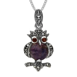 Sterling Silver Blue John Marcasite Garnet Owl Necklace. P2980.