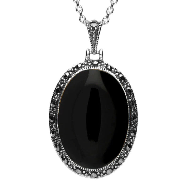 Sterling Silver Whitby Jet Marcasite Oval Star Back Necklace